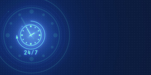 Neon clock icon representing 24 7 time management concept on a digital background. 3D Rendering