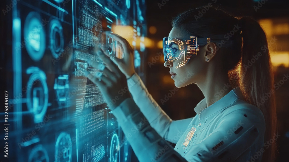 Poster a robot, maybe a cyborg or android woman, is working. she's touching a screen showing virtual graphi