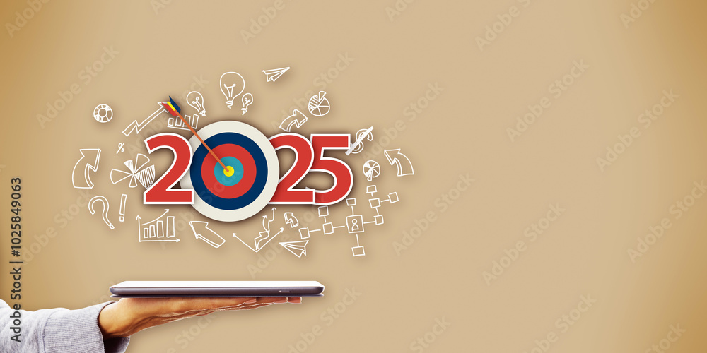 Poster Business concept for 2025 target goal with graphics and background elements illustrating plans and strategies.
