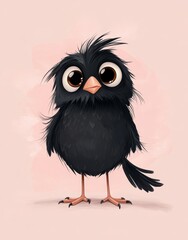 Fototapeta premium A black bird with large eyes on a pink backdrop, featuring a pink dot in its center