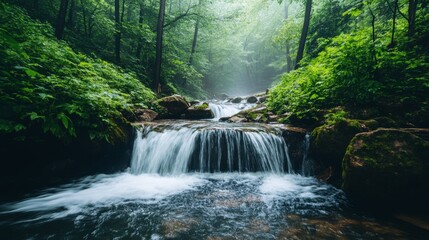 Obraz premium Tranquil Waterfall in a Lush, Misty Forest