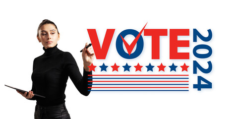Woman with Vote 2024 concept on white background.