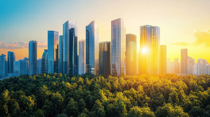 A gleaming city of the future rises from the forest.  Towering glass buildings shimmer in the golden light of sunrise or sunset, against a clear blue sky.