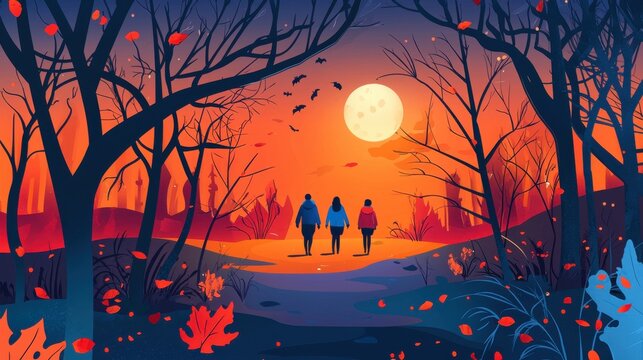 Warm jackets, spooky landscapes, charity walk, flat design illustration - Powered by Adobe