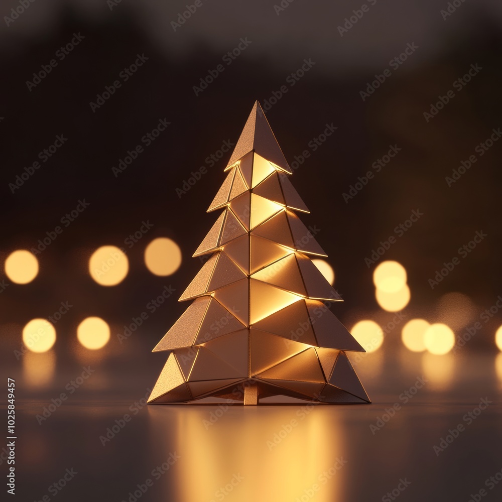 Poster a simple christmas tree icon made of golden geometric shapes, glowing softly in a minimal setting