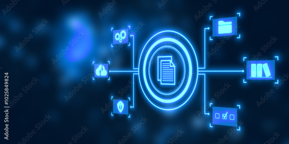 Poster Digital document management interface with neon blue graphics. 3D Rendering