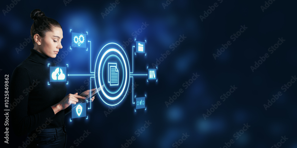 Poster Digital document management interface in a futuristic setting.
