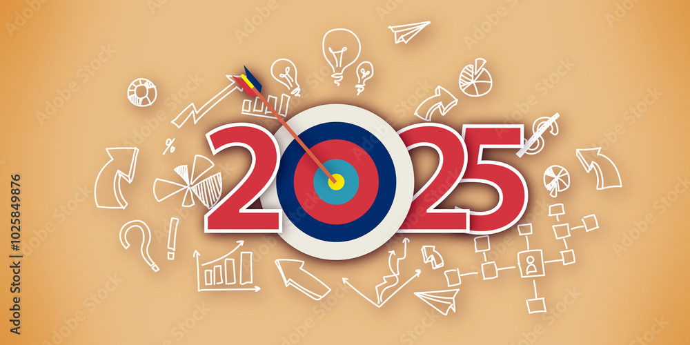 Poster Conceptual design for 2025 target with arrows and symbols representing business goals. 3D Rendering