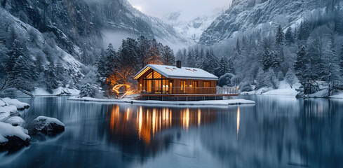 Fototapeta premium A beautiful modern cabin made of wood and glass, in the middle of snow-covered mountains with trees, on an ice-covered lake surrounded by a pine forest, at night.