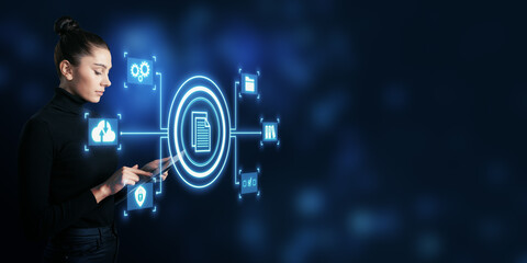 Digital document management interface in a futuristic setting.