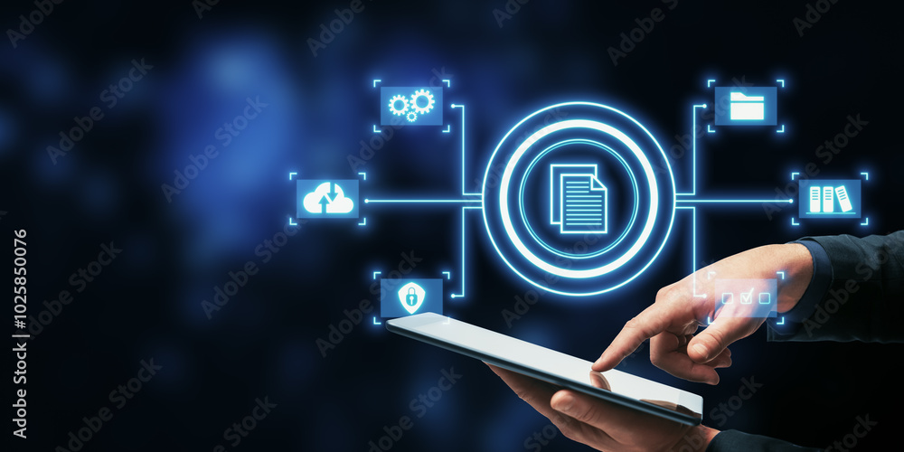 Poster Digital file management interface with holographic elements.
