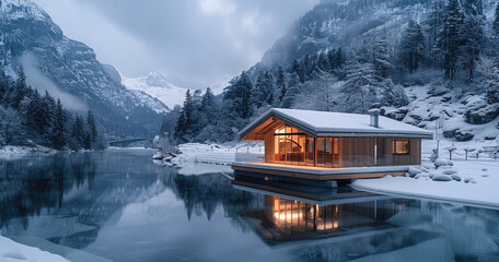 Fototapeta premium A beautiful modern cabin made of wood and glass, in the middle of snow-covered mountains with trees, on an ice-covered lake surrounded by a pine forest, at night.