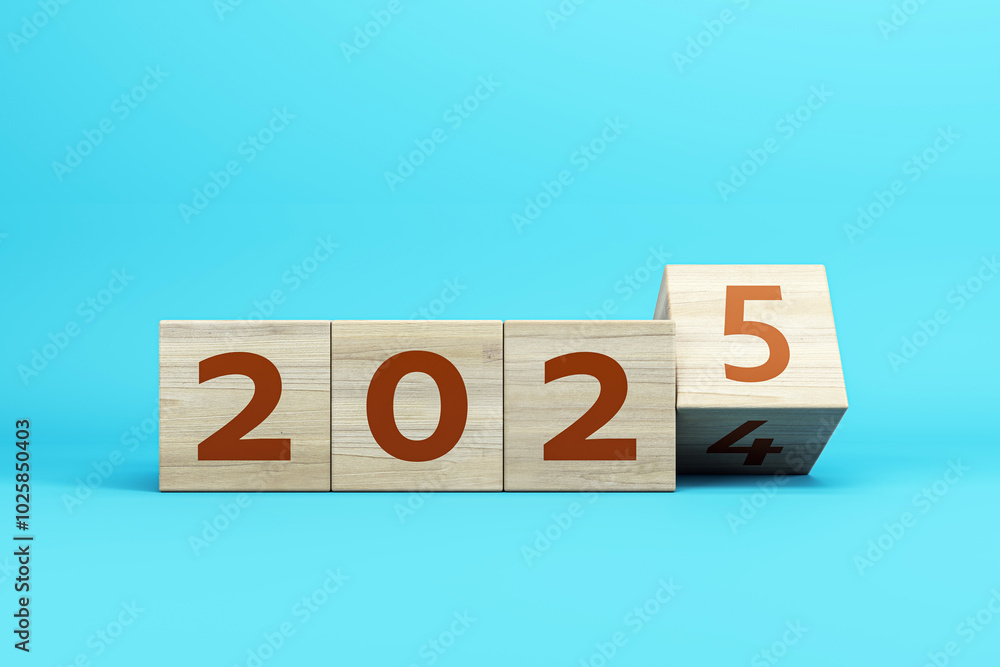 Poster Concept of 2025 with wooden blocks on a blue background. 3D Rendering