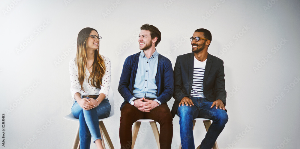 Poster Row, chair and group in waiting room, smile and professional in business, recruitment and talking. Appointment, applicant and people in line, job interview and process of hiring and onboarding