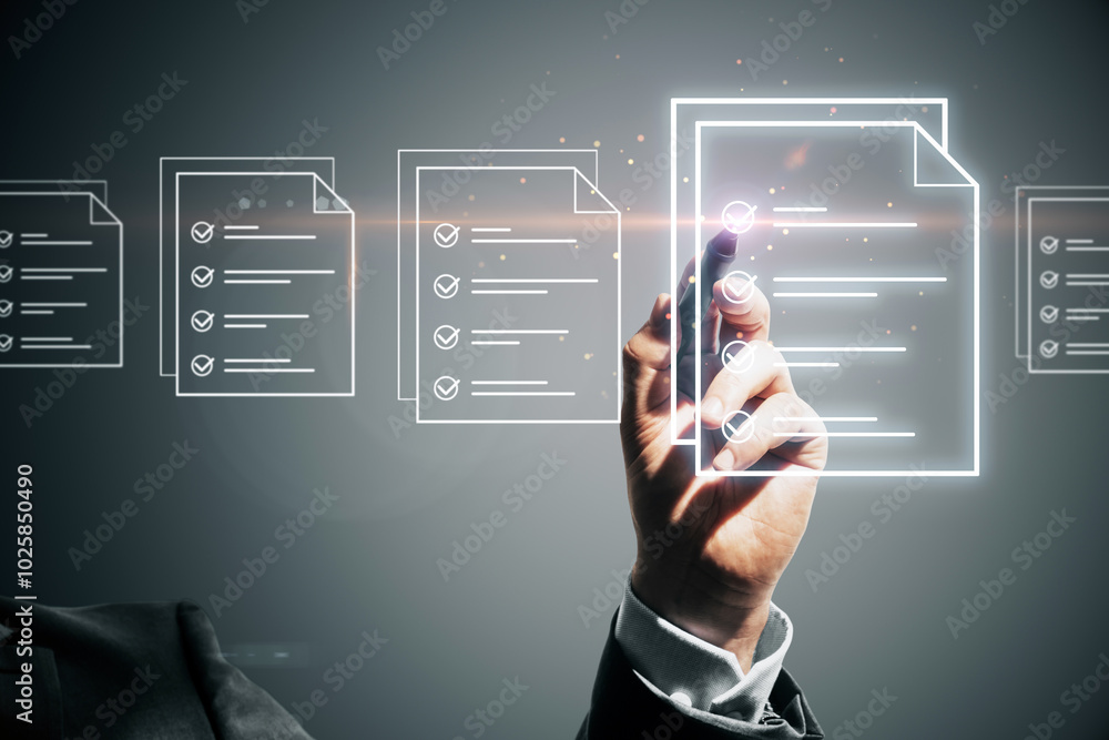 Aufkleber Digital document management system concept with virtual interface and files in background.
