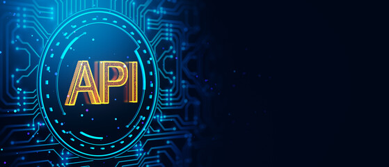 Digital API Concept with Neon Circuitry Background. 3D Rendering