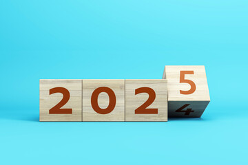 Concept of 2025 with wooden blocks on a blue background. 3D Rendering