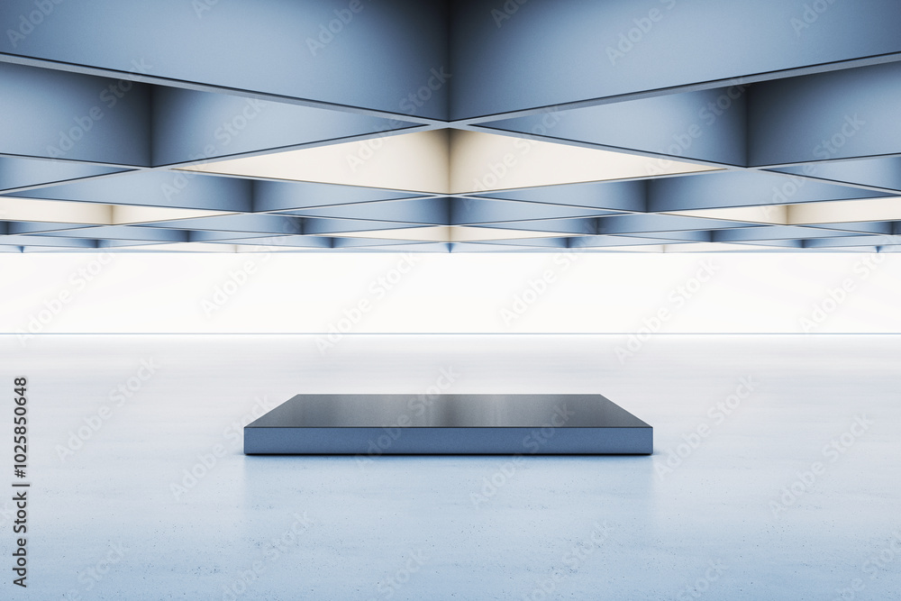 Poster modern exhibition podium in spacious gallery environment. 3d rendering