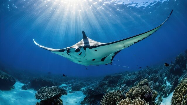 High-quality photo of a graceful mantarraya (stingray) in the deep ocean, gliding through sunbeams above a coral reef. Perfect for ocean wildlife, aquatic, and nature photography enthusiasts