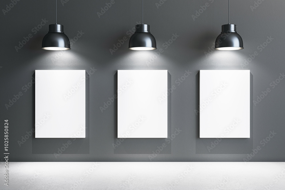 Poster blank white canvas mockup on a modern gallery wall with spotlight lighting. 3d rendering