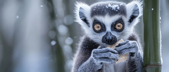 Naklejka premium A lemur in close-up, focused on consuming food atop a snow-covered bamboo pole