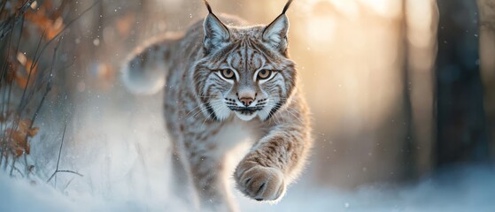  A tight shot of a cat paw traversing snowy ground Trees loom in the backdrop, their branches adorned with falling snowflakes