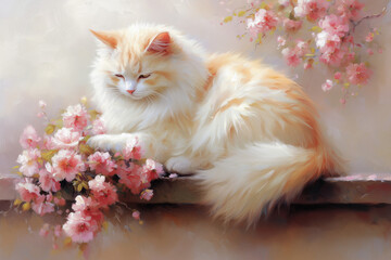 A brown and white cat on a floral background