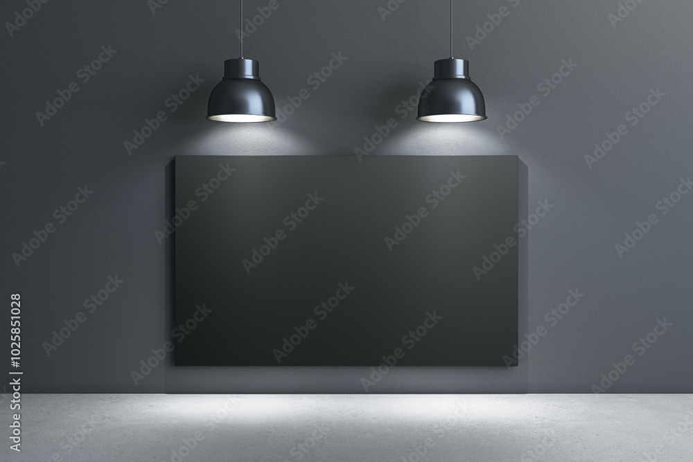 Poster dark gallery wall with spotlighted frame mockup for modern interior design. 3d rendering