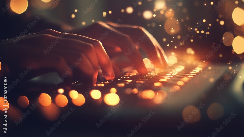 Poster close up of hands typing on a laptop keyboard with a festive bokeh light background.