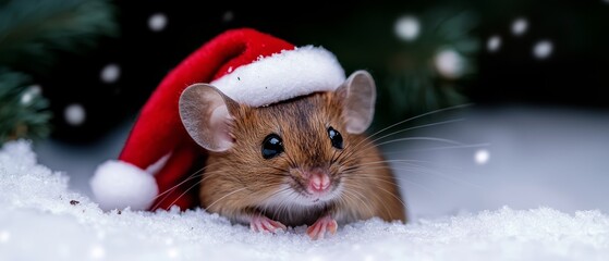  A rodent in a Santa hat sits atop a snowy ground before a Christmas tree