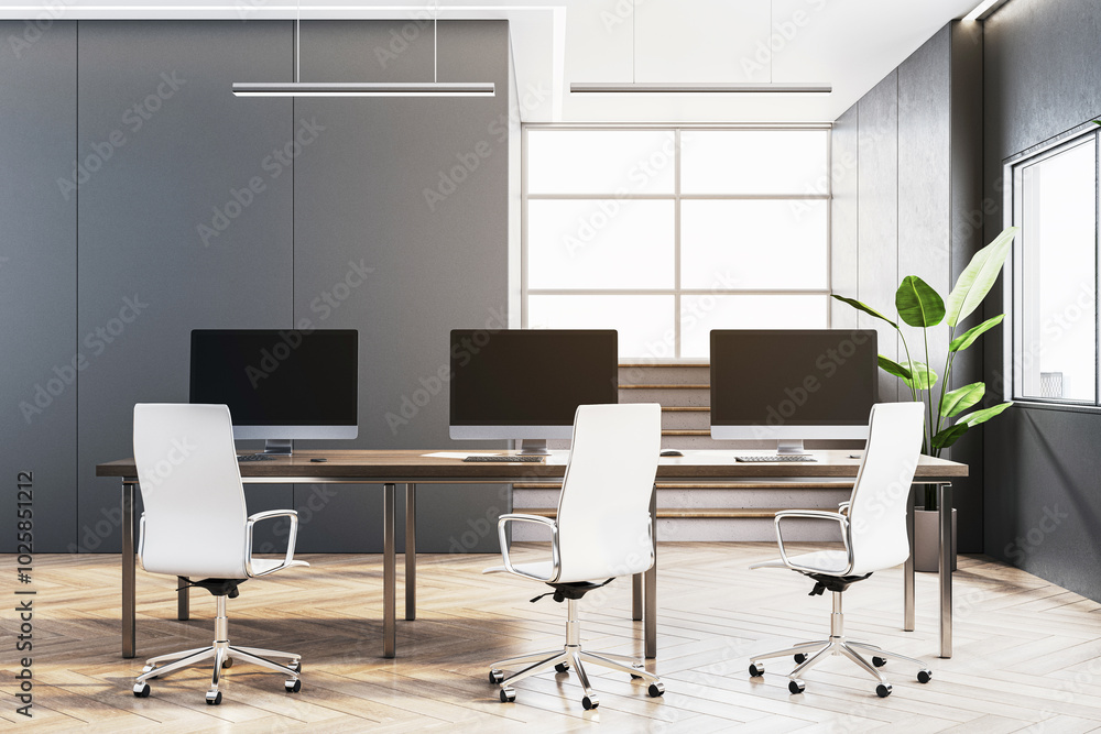 Wall mural modern office interior with workstation and large windows. 3d rendering