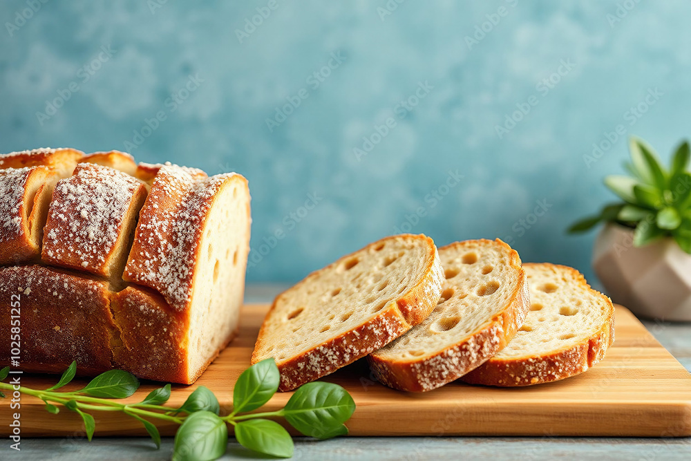 Wall mural variety of baked sourdough bread on wooden table loaf of artisan bread