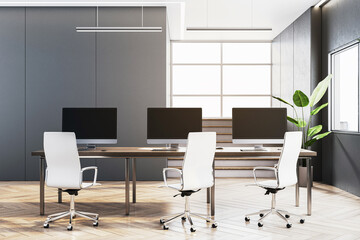 Modern office interior with workstation and large windows. 3D Rendering