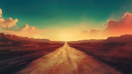 A desert road vanishing into a heat-induced mirage, where the distant pavement appears to melt into the horizon
