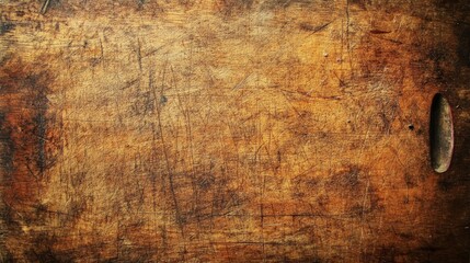 Weathered wooden kitchen desk surface, rich texture of a worn butcher block cutting board, showcasing rustic charm and history in every detail, perfect for culinary themes