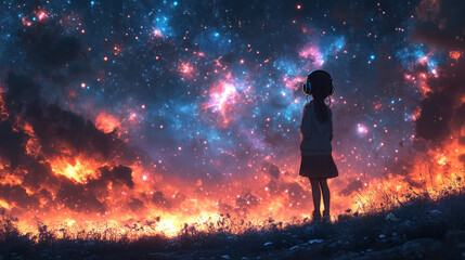 Cool lofi anime young girl listening hip hop jazz music with headphones. 3d digital art modern manga style cartoon illustration. Abstract astronomy space, stars cosmic galaxy supernova background