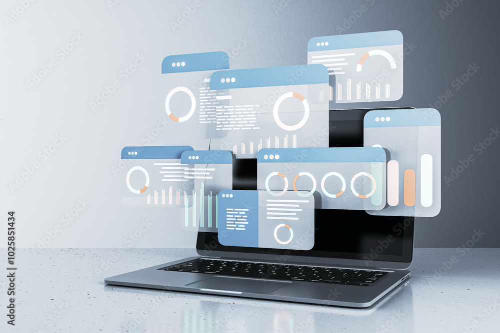 Aufkleber Digital financial data analysis interface with charts and graphs on a laptop screen. 3D Rendering