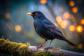 Fototapeta premium Mysterious Dark Bird Perched on a Branch Against a Softly Lit Background in Nature's Embrace