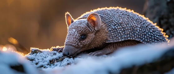  A tight shot of a small animal with heavy snow on its face and head