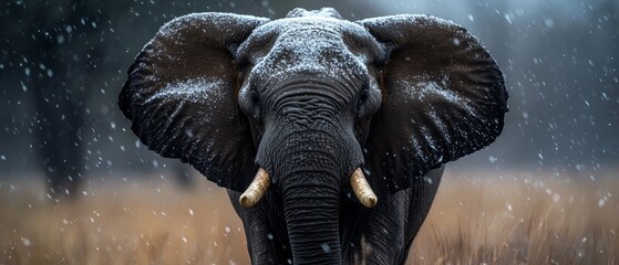  An elephant, its tusks jutting out, stands in a field of tall grass as snowfall gently touches its ears