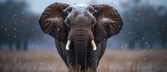  An elephant stands in a snowy field, snowfall dusting its ears and tusks