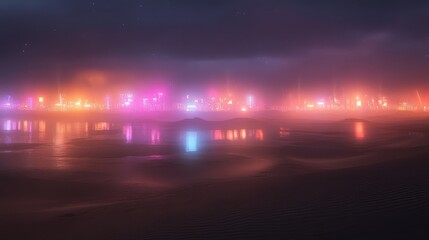 A distant city glowing with neon lights on the horizon of a dark desert, the lights reflecting off the sand as if from another world