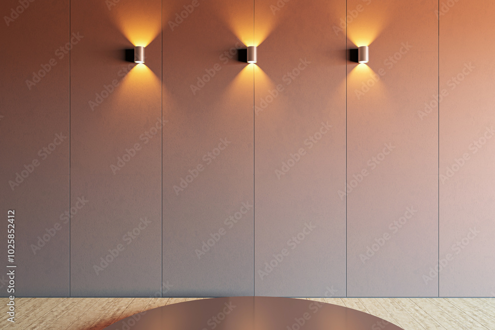 Poster empty stage with lighting and round pedestal in a modern interior room. 3d rendering