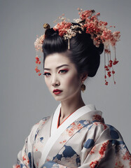  Elegant portrait of a beautiful geisha in a traditional kimono.