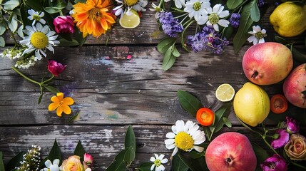 Spring background. fruit flowers on wooden table