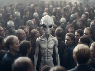 Alien Being Standing Out in a Crowd of Humans: Sci-Fi Concept Art