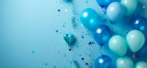 Festive scene with blue balloons, heart-shaped confetti, and curling ribbons on a light blue background, creating a joyful celebration atmosphere.
