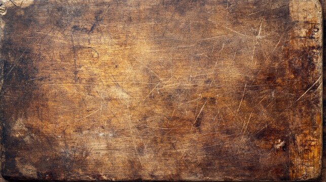 Weathered wooden kitchen desk, aged butcher block surface, rustic charm, detailed texture, ideal for culinary themes, home cooking, vintage decor inspiration