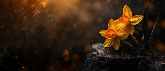  Two yellow daffodils atop a rock against a dark backdrop, dripping with water