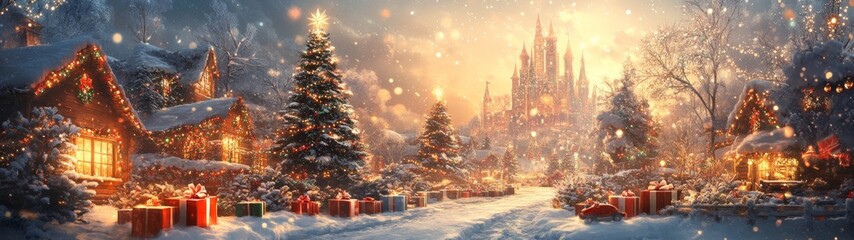 Fototapeta premium A magical christmas wonderland with lots of wrapped christmas gifts lining a snow-covered path, leading to a shimmering crystal castle. whimsical ornaments float gently above the ground.